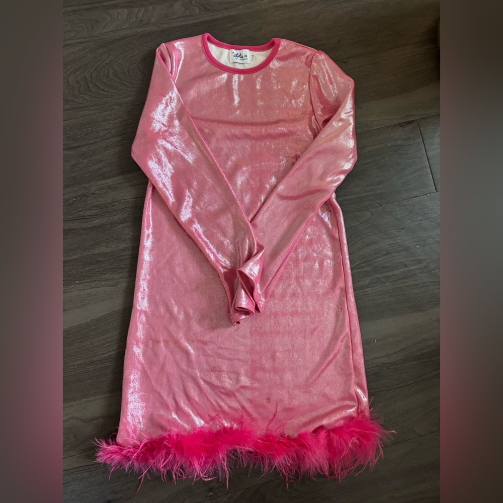 Lola & The Boys Pink Shiny Dress with Feather Trim
